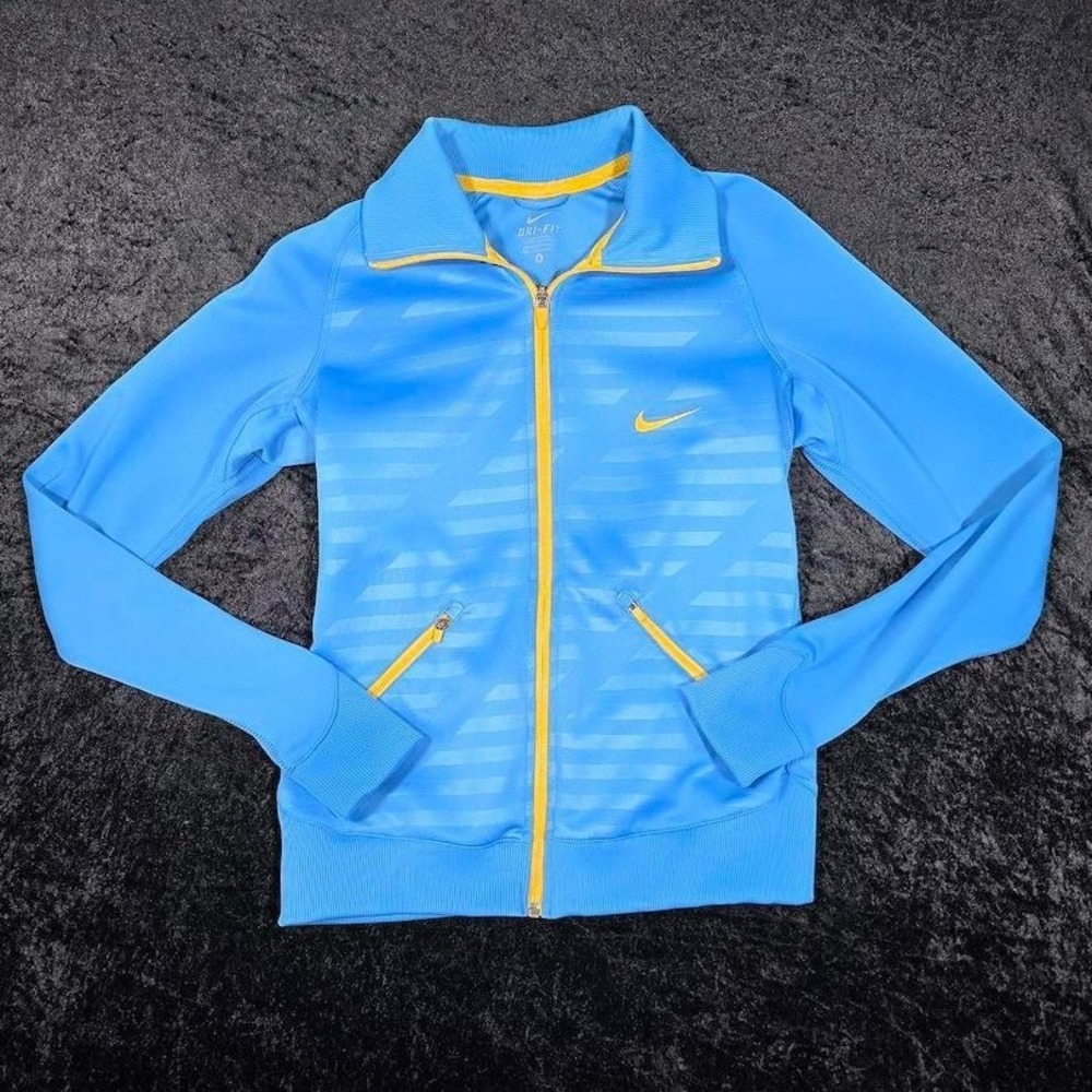 Nike Dri-FIT Livestrong Blue Yellow Striped Full Zip Track Jacket Womens Small